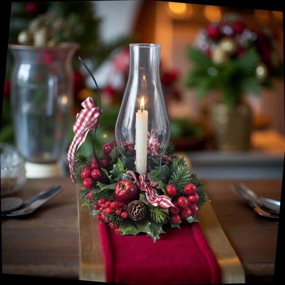 Vintage Christmas Holly & Berry Candle Holder with Glass Globe Hurricane Candle - Picture 11 of 13